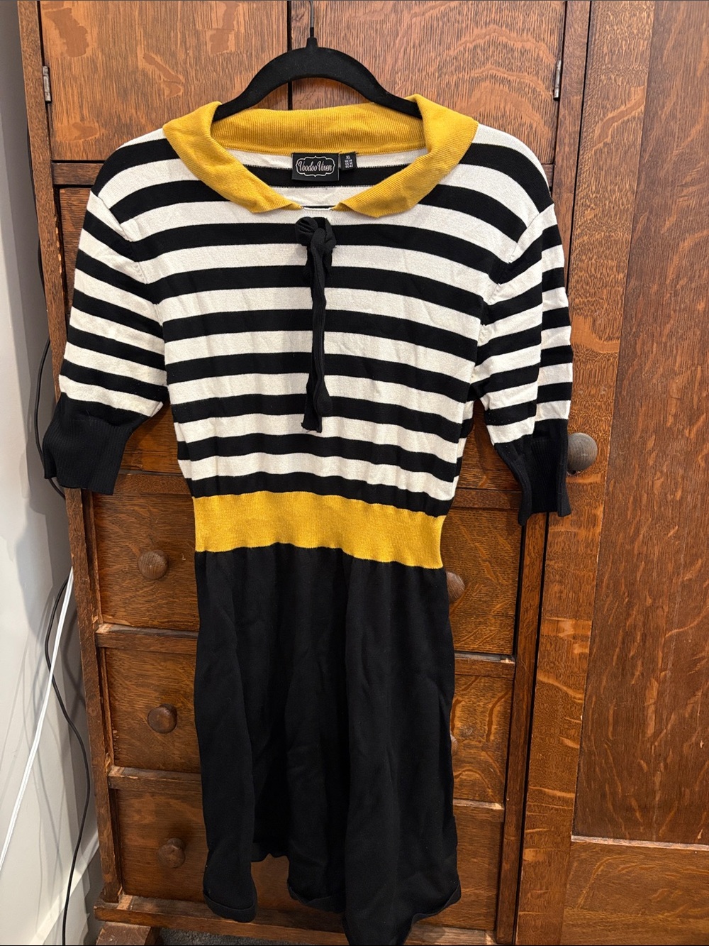 Voodoo Vixen Black & White Striped Top with Mustard Collar